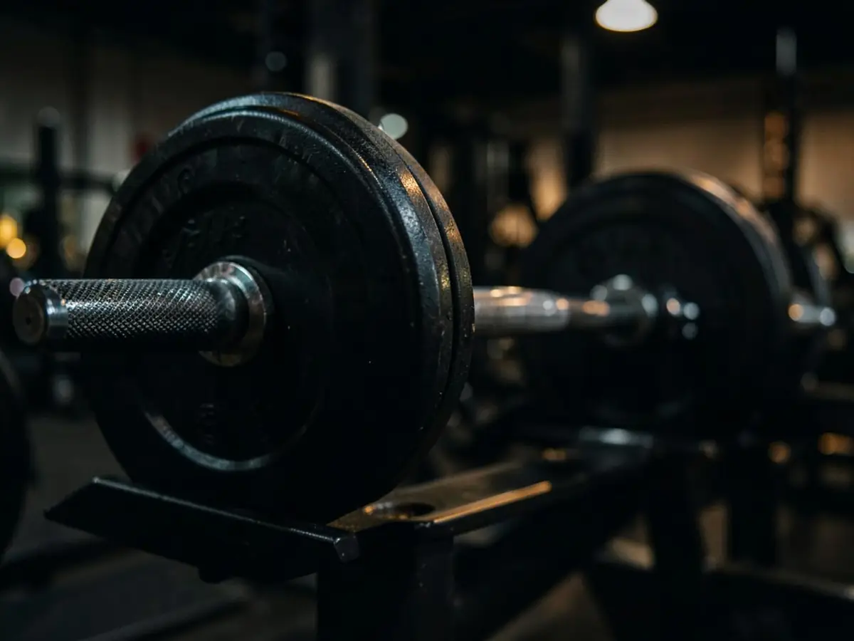 Loaded barbell resting on a rack on the strength floor